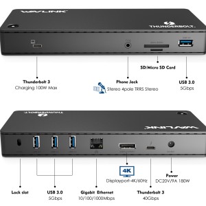 WAVLINK Thunderbolt 3 Dock-180W DC Power Adapter (85W Charging) Dual 4K@60Hz Display